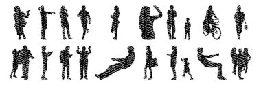 Vektör siluetleri, insanların ana hatları, Contour çizimleri, insanların siluetleri, ikon kümesi izole edilmiş, oturan insanların silueti, mimari set
