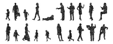 Vektör siluetleri, insanların ana hatları, Contour çizimleri, insanların siluetleri, ikon kümesi izole edilmiş, oturan insanların silueti, mimari set