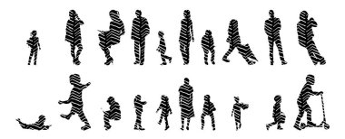 Vektör siluetleri, insanların ana hatları, Contour çizimleri, insanların siluetleri, ikon kümesi izole edilmiş, oturan insanların silueti, mimari set