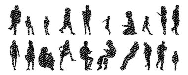 Vektör siluetleri, insanların ana hatları, Contour çizimleri, insanların siluetleri, ikon kümesi izole edilmiş, oturan insanların silueti, mimari set