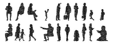 Vektör siluetleri, insanların ana hatları, Contour çizimleri, insanların siluetleri, ikon kümesi izole edilmiş, oturan insanların silueti, mimari set