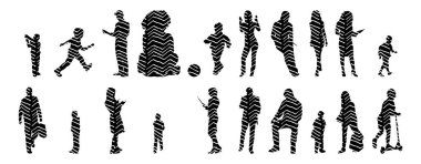 Vektör siluetleri, insanların ana hatları, Contour çizimleri, insanların siluetleri, ikon kümesi izole edilmiş, oturan insanların silueti, mimari set