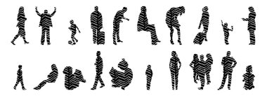 Vektör siluetleri, insanların ana hatları, Contour çizimleri, insanların siluetleri, ikon kümesi izole edilmiş, oturan insanların silueti, mimari set