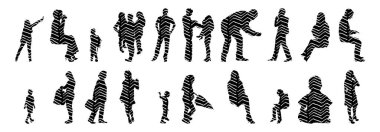 Vektör siluetleri, insanların ana hatları, Contour çizimleri, insanların siluetleri, ikon kümesi izole edilmiş, oturan insanların silueti, mimari set