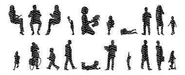 Vektör siluetleri, insanların ana hatları, Contour çizimleri, insanların siluetleri, ikon kümesi izole edilmiş, oturan insanların silueti, mimari set