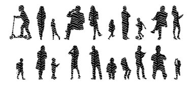 Vektör siluetleri, insanların ana hatları, Contour çizimleri, insanların siluetleri, ikon kümesi izole edilmiş, oturan insanların silueti, mimari set