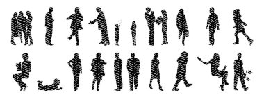 Vektör siluetleri, insanların ana hatları, Contour çizimleri, insanların siluetleri, ikon kümesi izole edilmiş, oturan insanların silueti, mimari set