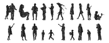 Vektör siluetleri, insanların ana hatları, Contour çizimleri, insanların siluetleri, ikon kümesi izole edilmiş, oturan insanların silueti, mimari set