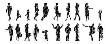 Vektör siluetleri, insanların ana hatları, Contour çizimleri, insanların siluetleri, ikon kümesi izole edilmiş, oturan insanların silueti, mimari set