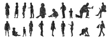 Vektör siluetleri, insanların ana hatları, Contour çizimleri, insanların siluetleri, ikon kümesi izole edilmiş, oturan insanların silueti, mimari set