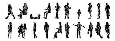 Vektör siluetleri, insanların ana hatları, Contour çizimleri, insanların siluetleri, ikon kümesi izole edilmiş, oturan insanların silueti, mimari set