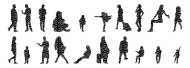 Vektör siluetleri, insanların ana hatları, Contour çizimleri, insanların siluetleri, ikon kümesi izole edilmiş, oturan insanların silueti, mimari set