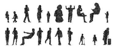 Vektör siluetleri, insanların ana hatları, Contour çizimleri, insanların siluetleri, ikon kümesi izole edilmiş, oturan insanların silueti, mimari set