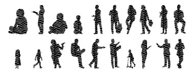 Vektör siluetleri, insanların ana hatları, Contour çizimleri, insanların siluetleri, ikon kümesi izole edilmiş, oturan insanların silueti, mimari set