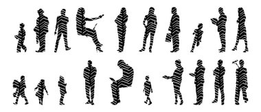 Vektör siluetleri, insanların ana hatları, Contour çizimleri, insanların siluetleri, ikon kümesi izole edilmiş, oturan insanların silueti, mimari set