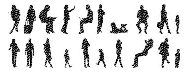 Vektör siluetleri, insanların ana hatları, Contour çizimleri, insanların siluetleri, ikon kümesi izole edilmiş, oturan insanların silueti, mimari set