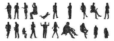 Vektör siluetleri, insanların ana hatları, Contour çizimleri, insanların siluetleri, ikon kümesi izole edilmiş, oturan insanların silueti, mimari set