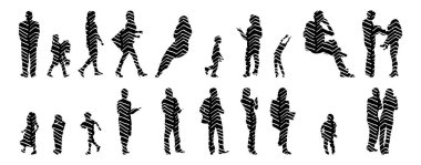 Vektör siluetleri, insanların ana hatları, Contour çizimleri, insanların siluetleri, ikon kümesi izole edilmiş, oturan insanların silueti, mimari set