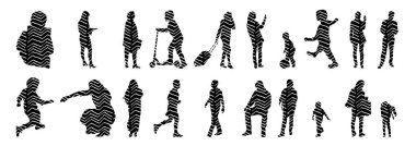 Vektör siluetleri, insanların ana hatları, Contour çizimleri, insanların siluetleri, ikon kümesi izole edilmiş, oturan insanların silueti, mimari set