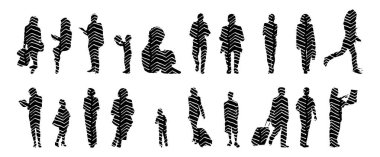 Vektör siluetleri, insanların ana hatları, Contour çizimleri, insanların siluetleri, ikon kümesi izole edilmiş, oturan insanların silueti, mimari set