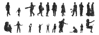 Vektör siluetleri, insanların ana hatları, Contour çizimleri, insanların siluetleri, ikon kümesi izole edilmiş, oturan insanların silueti, mimari set