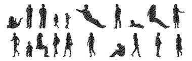 Vektör siluetleri, insanların ana hatları, Contour çizimleri, insanların siluetleri, ikon kümesi izole edilmiş, oturan insanların silueti, mimari set