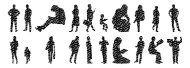 Vektör siluetleri, insanların ana hatları, Contour çizimleri, insanların siluetleri, ikon kümesi izole edilmiş, oturan insanların silueti, mimari set