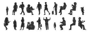 Vektör siluetleri, insanların ana hatları, Contour çizimleri, insanların siluetleri, ikon kümesi izole edilmiş, oturan insanların silueti, mimari set