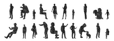 Vektör siluetleri, insanların ana hatları, Contour çizimleri, insanların siluetleri, ikon kümesi izole edilmiş, oturan insanların silueti, mimari set