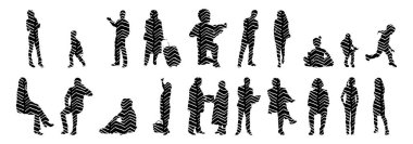 Vektör siluetleri, insanların ana hatları, Contour çizimleri, insanların siluetleri, ikon kümesi izole edilmiş, oturan insanların silueti, mimari set