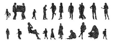 Vektör siluetleri, insanların ana hatları, Contour çizimleri, insanların siluetleri, ikon kümesi izole edilmiş, oturan insanların silueti, mimari set