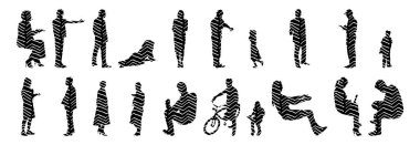 Vektör siluetleri, insanların ana hatları, Contour çizimleri, insanların siluetleri, ikon kümesi izole edilmiş, oturan insanların silueti, mimari set