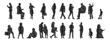 Vektör siluetleri, insanların ana hatları, Contour çizimleri, insanların siluetleri, ikon kümesi izole edilmiş, oturan insanların silueti, mimari set