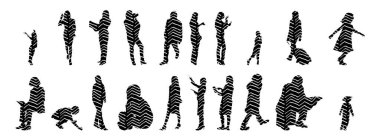 Vektör siluetleri, insanların ana hatları, Contour çizimleri, insanların siluetleri, ikon kümesi izole edilmiş, oturan insanların silueti, mimari set