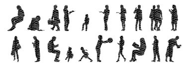 Vektör siluetleri, insanların ana hatları, Contour çizimleri, insanların siluetleri, ikon kümesi izole edilmiş, oturan insanların silueti, mimari set
