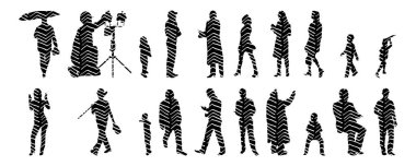 Vektör siluetleri, insanların ana hatları, Contour çizimleri, insanların siluetleri, ikon kümesi izole edilmiş, oturan insanların silueti, mimari set