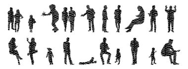 Vektör siluetleri, insanların ana hatları, Contour çizimleri, insanların siluetleri, ikon kümesi izole edilmiş, oturan insanların silueti, mimari set