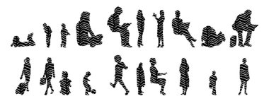 Vektör siluetleri, insanların ana hatları, Contour çizimleri, insanların siluetleri, ikon kümesi izole edilmiş, oturan insanların silueti, mimari set