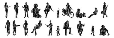 Vektör siluetleri, insanların ana hatları, Contour çizimleri, insanların siluetleri, ikon kümesi izole edilmiş, oturan insanların silueti, mimari set