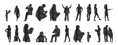 Vektör siluetleri, insanların ana hatları, Contour çizimleri, insanların siluetleri, ikon kümesi izole edilmiş, oturan insanların silueti, mimari set