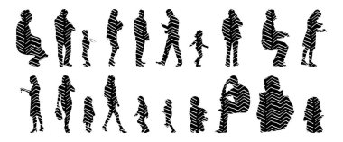 Vektör siluetleri, insanların ana hatları, Contour çizimleri, insanların siluetleri, ikon kümesi izole edilmiş, oturan insanların silueti, mimari set