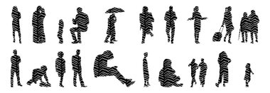 Vektör siluetleri, insanların ana hatları, Contour çizimleri, insanların siluetleri, ikon kümesi izole edilmiş, oturan insanların silueti, mimari set