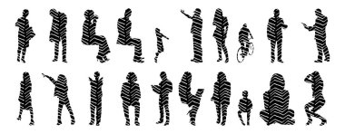 Vektör siluetleri, insanların ana hatları, Contour çizimleri, insanların siluetleri, ikon kümesi izole edilmiş, oturan insanların silueti, mimari set