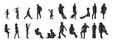 Vektör siluetleri, insanların ana hatları, Contour çizimleri, insanların siluetleri, ikon kümesi izole edilmiş, oturan insanların silueti, mimari set