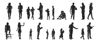 Vektör siluetleri, insanların ana hatları, Contour çizimleri, insanların siluetleri, ikon kümesi izole edilmiş, oturan insanların silueti, mimari set