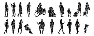 Vektör siluetleri, insanların ana hatları, Contour çizimleri, insanların siluetleri, ikon kümesi izole edilmiş, oturan insanların silueti, mimari set