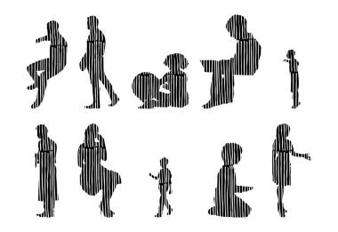 Vektör siluetleri, insanların ana hatları, Contour çizimleri, insanların siluetleri, ikon kümesi izole edilmiş, oturan insanların silueti, mimari set