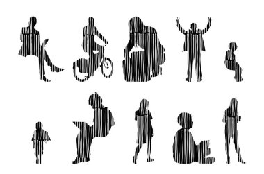 Vektör siluetleri, insanların ana hatları, Contour çizimleri, insanların siluetleri, ikon kümesi izole edilmiş, oturan insanların silueti, mimari set