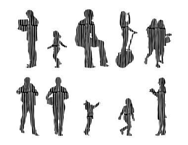 Vektör siluetleri, insanların ana hatları, Contour çizimleri, insanların siluetleri, ikon kümesi izole edilmiş, oturan insanların silueti, mimari set