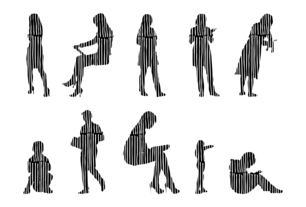 Silhouettes Vectorielles Silhouettes Esquissées Personnes Dessin Contour Silhouette Personnes Icône — Image vectorielle